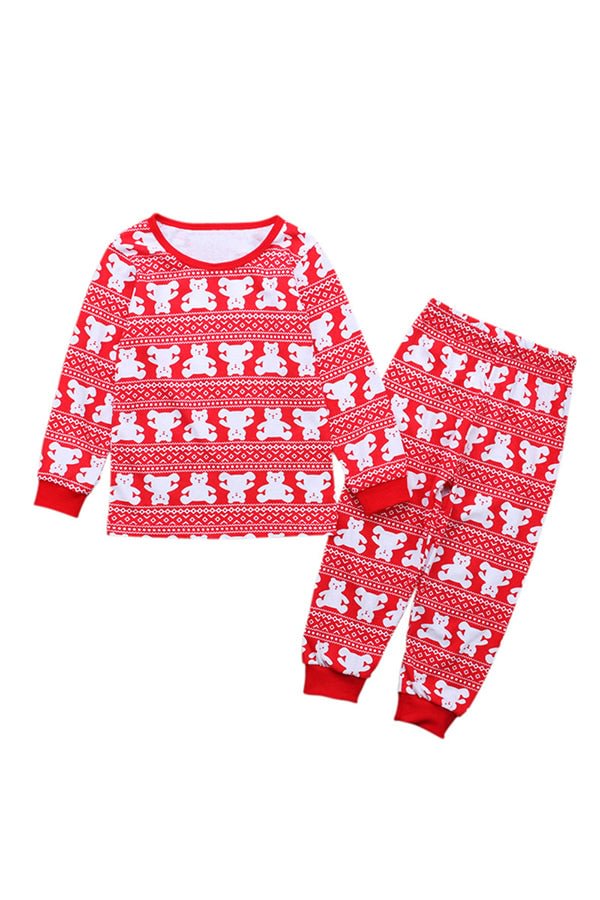 Crew Neck Long Sleeve Bear Print Kids Girls Christmas Pajama Red-elleschic