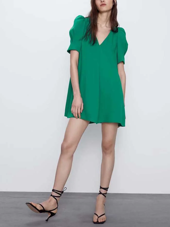 Fashionable V-neck Solid Color All-match Puffy Sleeve Dress