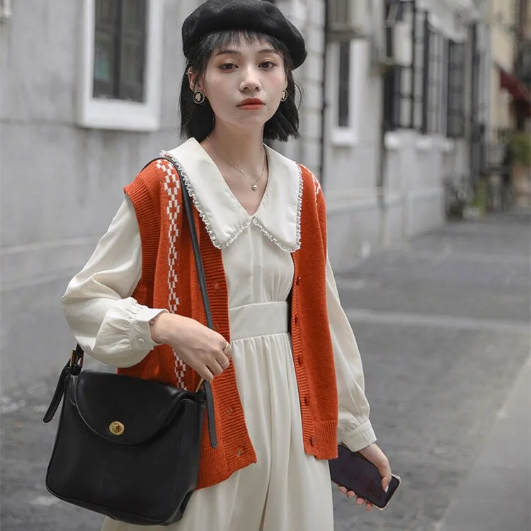 Sweater Vest Women Sleeveless Cardigan Causal  V-neck Spring Fall Winter Loose-fitting Ins Retro Style New Print Simple Fashion