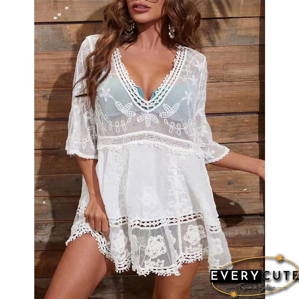 White 1/2 Sleeve Lace V Neck Beach Cover Dress