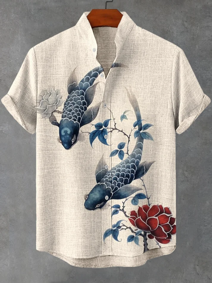 Men's Delft Blue Koi Fish Lotus Flower Art Print Casual Shirt