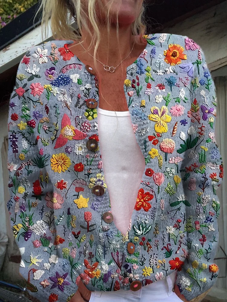 Fresh Retro Flowers Print Buttoned Cardigan Sweater