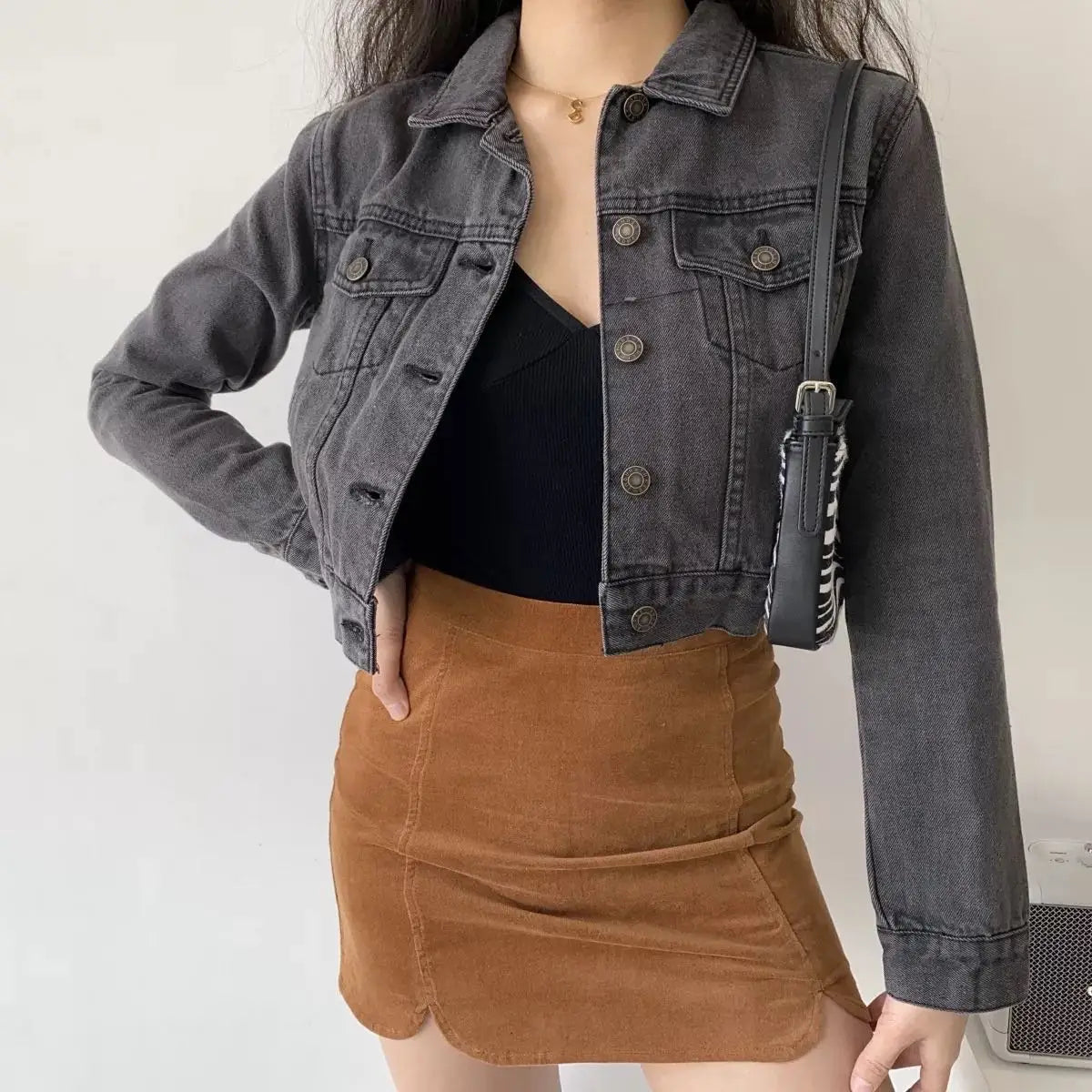 Aiertu Vintage Black Denim Cropped Jacket Women Dark Gray Long Sleeve Short Jeans Jackets Ladies Fashion Distressed Coats Solid Aiertu