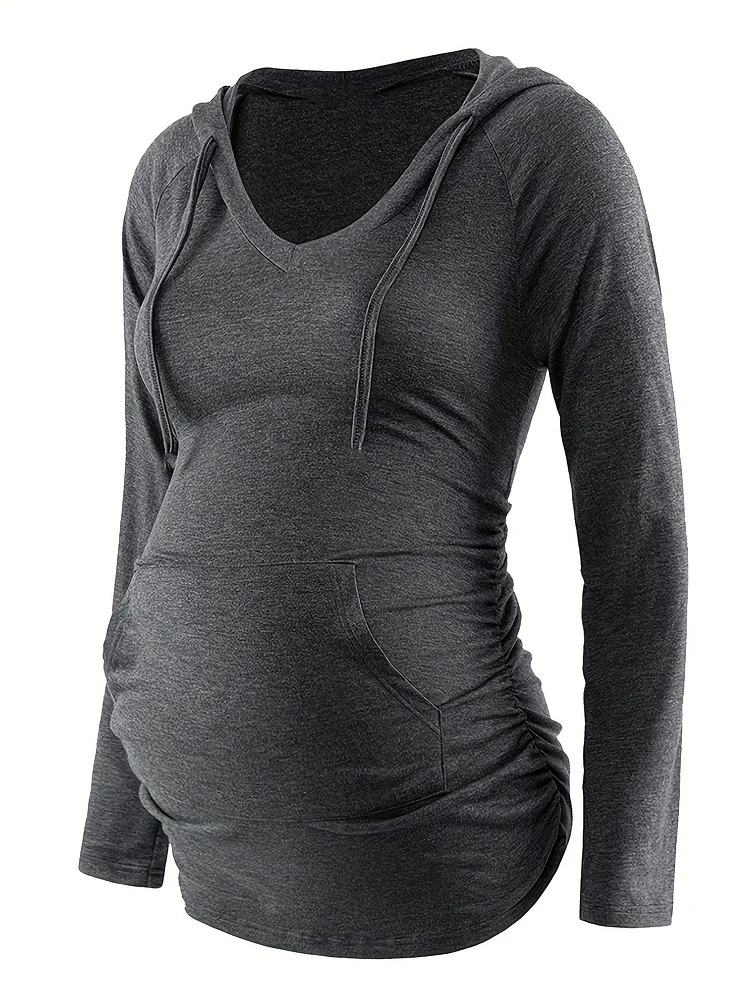 Comfy Maternity V-Neck Hoodie - Stretchy Polyester Blend, Long Sleeve With Pockets, Machine Washable, All-Season Casual Wear, Regular Fit A-Line Silhouette, Comfortable Pregnancy Clothing, Nontransparent Fabric, Practical Front Pocket