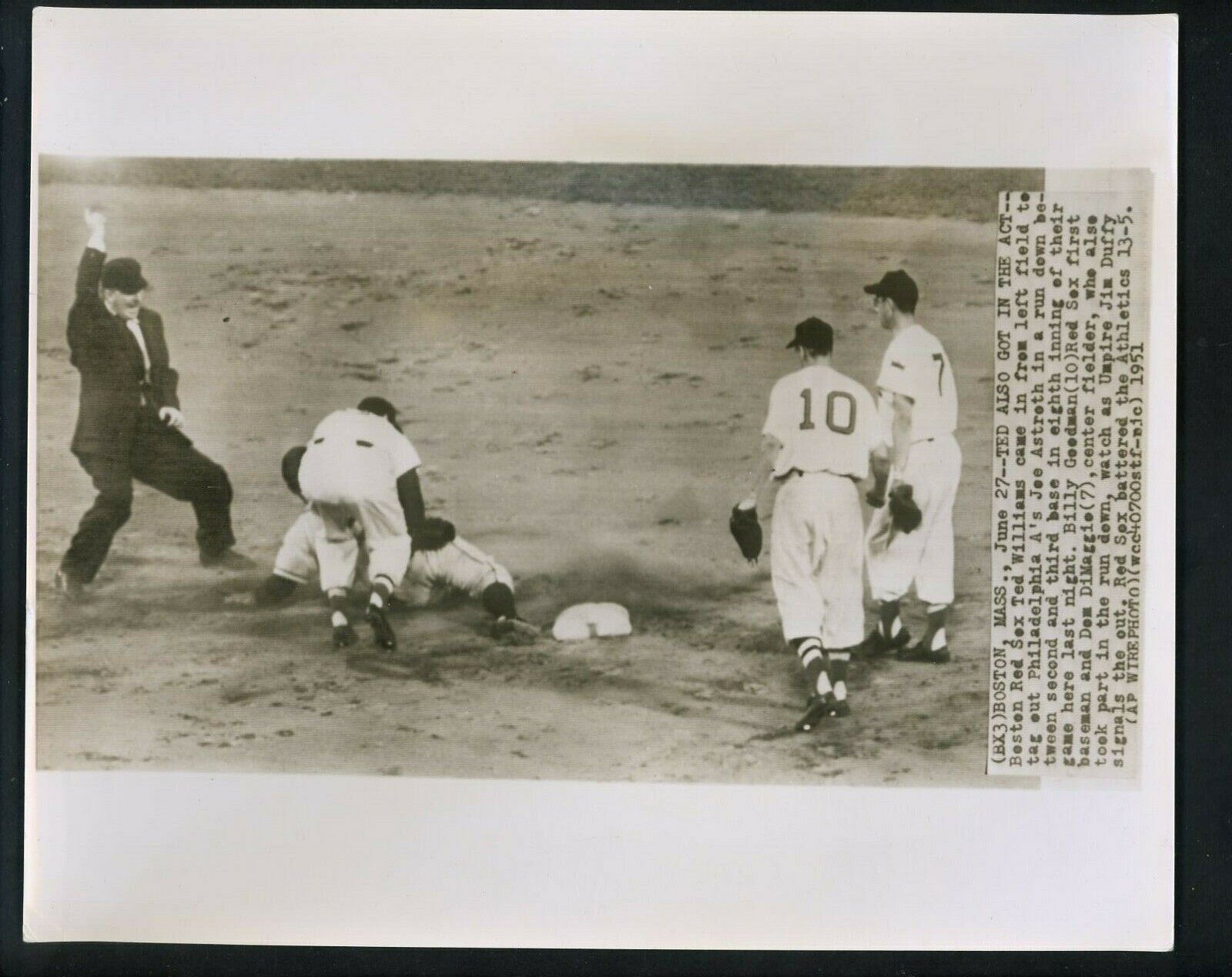 Ted Williams tags out Joe Astroth at second base 1951 Press Photo Poster painting Boston Red Sox