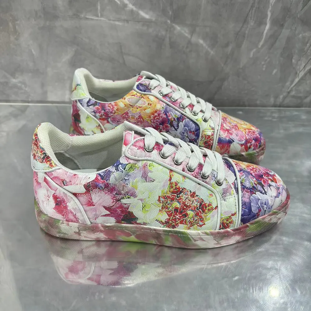 Gentleman's Red bottom Sneakers Flower Pattern Polyester Round Toe Sneakers-vocosishoes