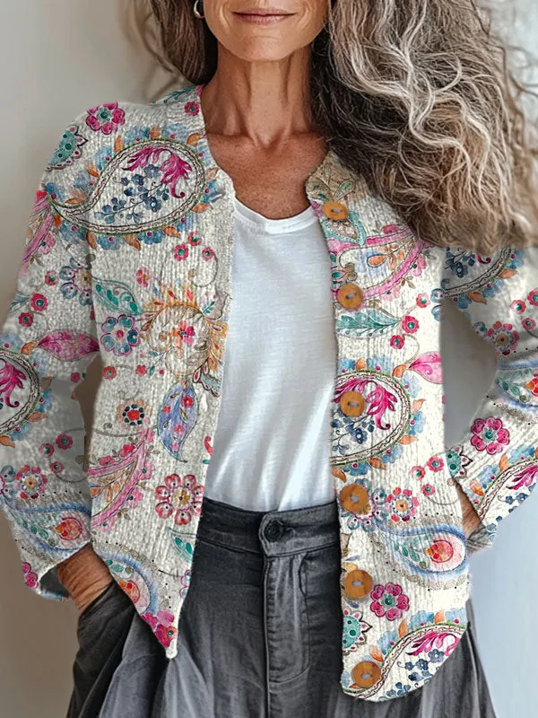 Vintage Flower Art Print Buttoned Cardigan Sweater