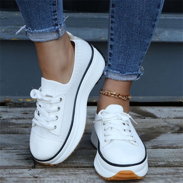 Round Toe Solid Color Knitted Lace-up Sneakers