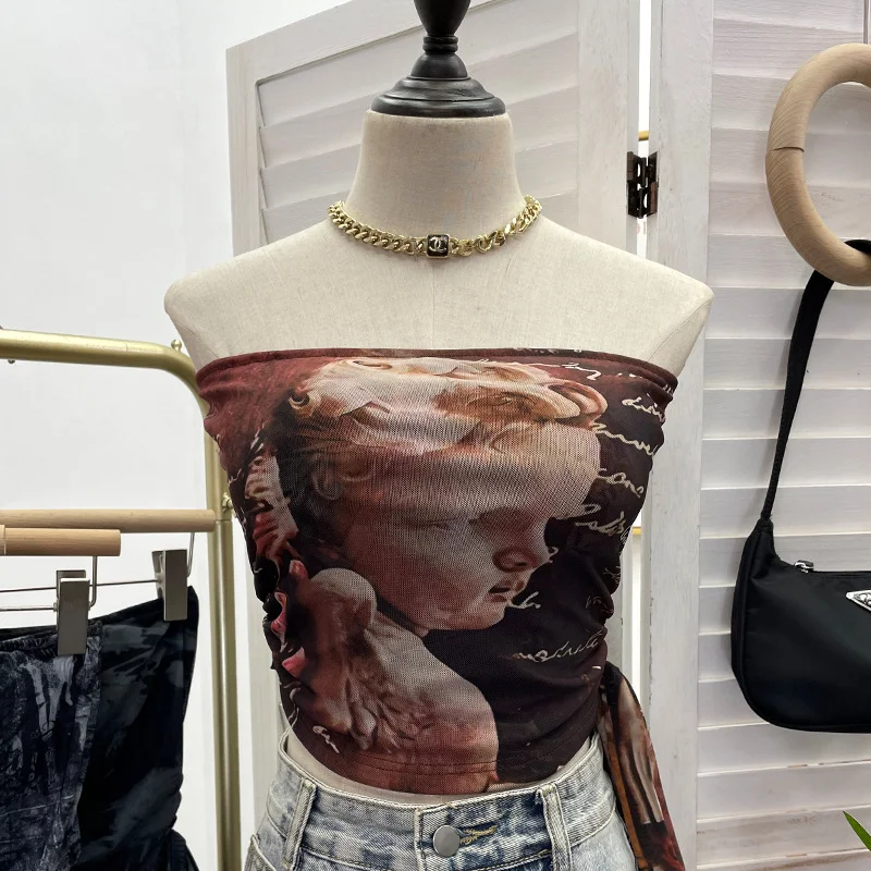 Brownm Explosion Recommended Y2k Hottie Braid Small Sling Belt With Chest Mat Tie Mesh Yarn Tidly Wrapped Bra T-Shirt 1391