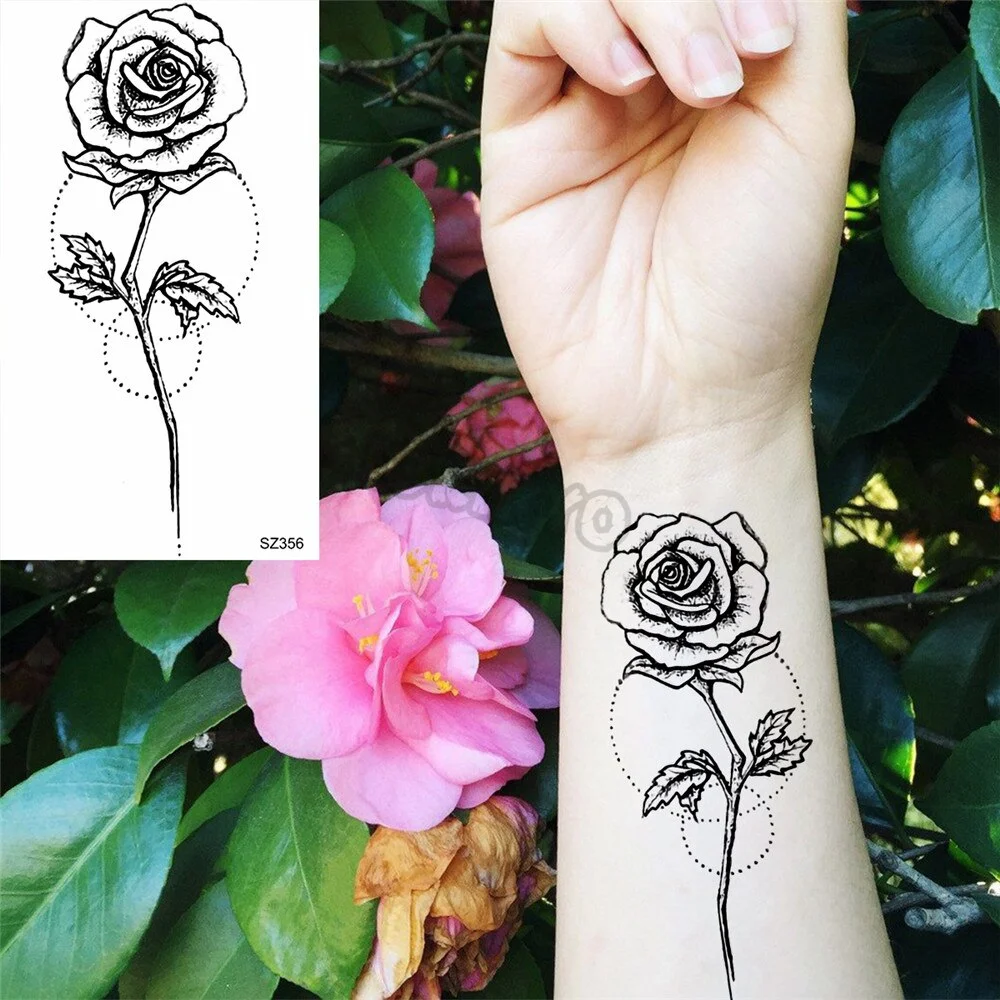 Black Rose Flower Temporary Tattoos For Women Girls Realistic Cosmic Moon Thorns Fake Tattoo Sticker Forearm Tatoos Legs Wedding