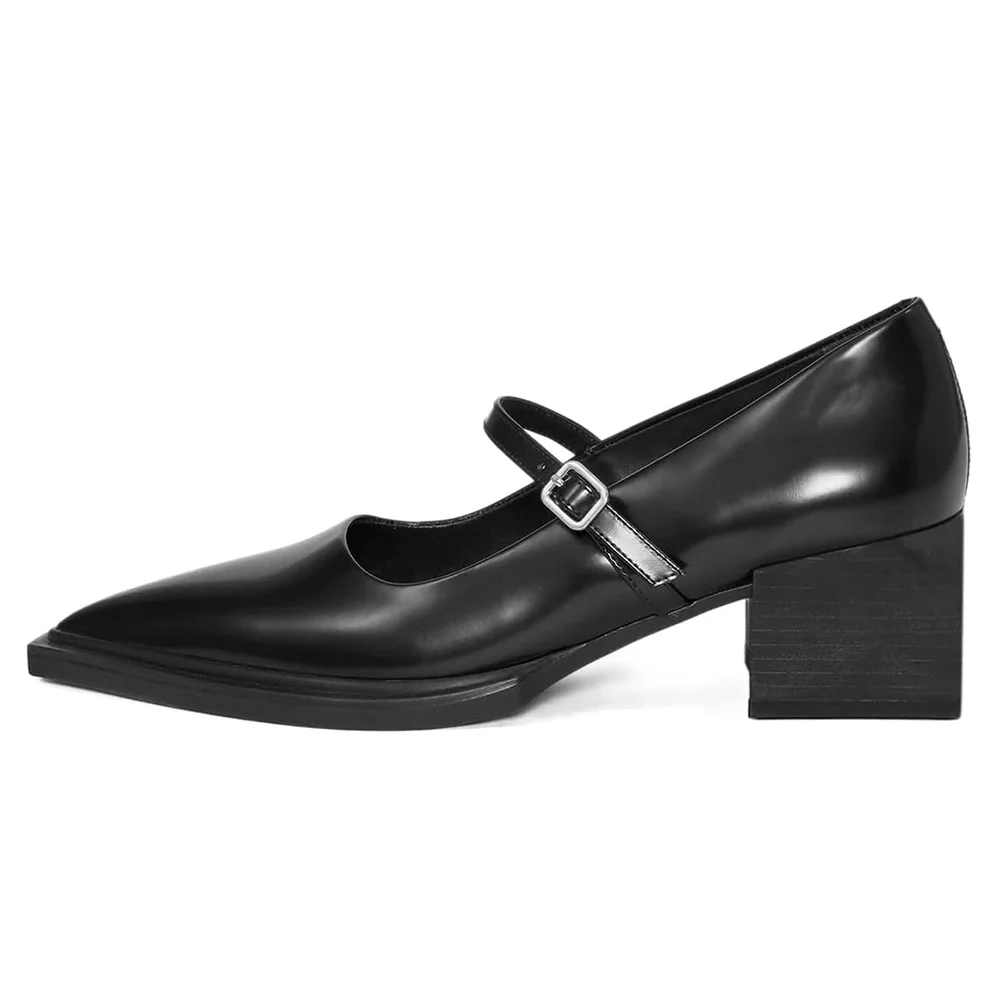 Black Vegan Leather Pointed Toe Buckle Strap Casual Mary Janes
