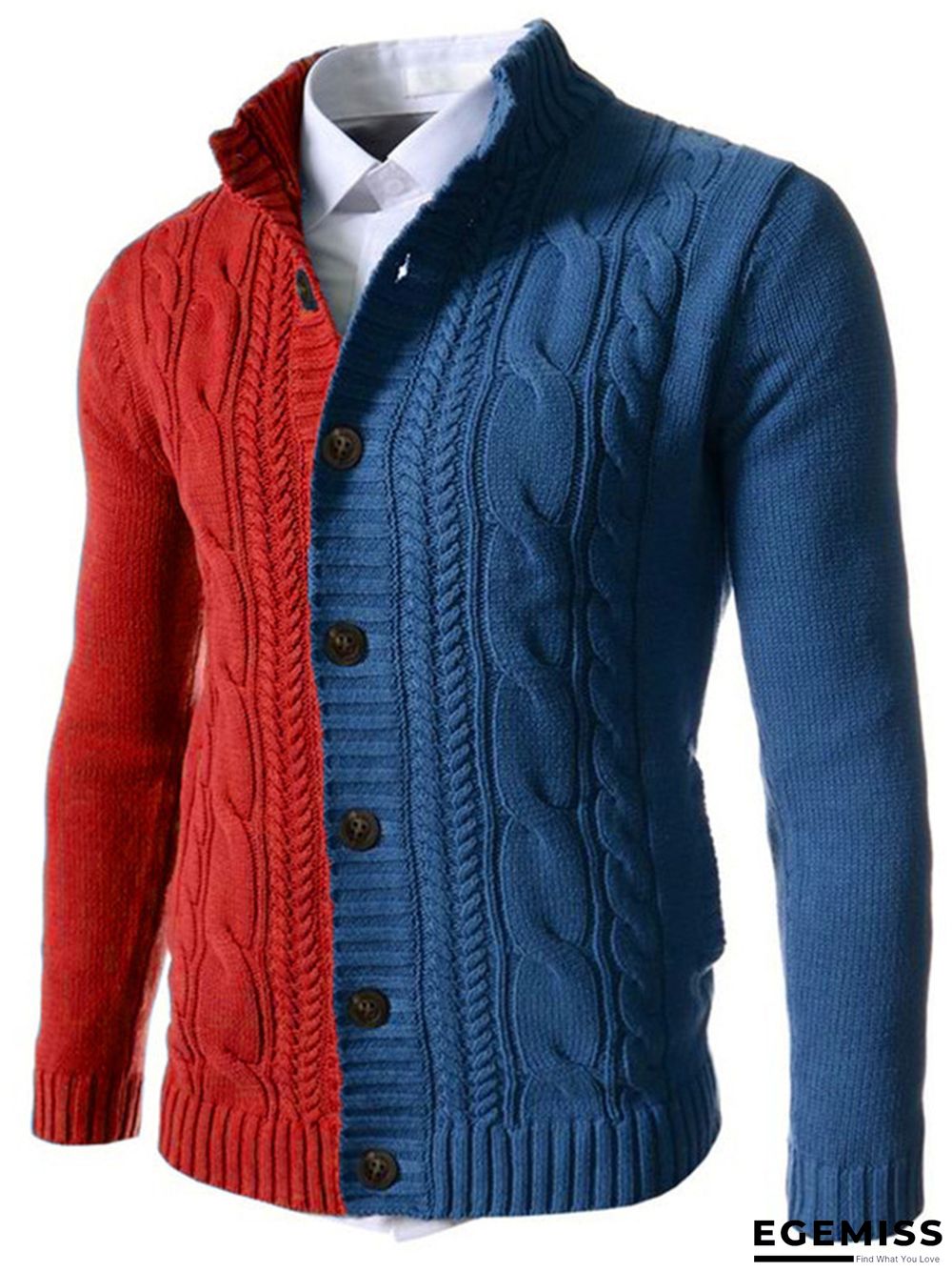 Color Blocked Stand Collar Long Sleeve Knitted Cardigan Sweater | EGEMISS