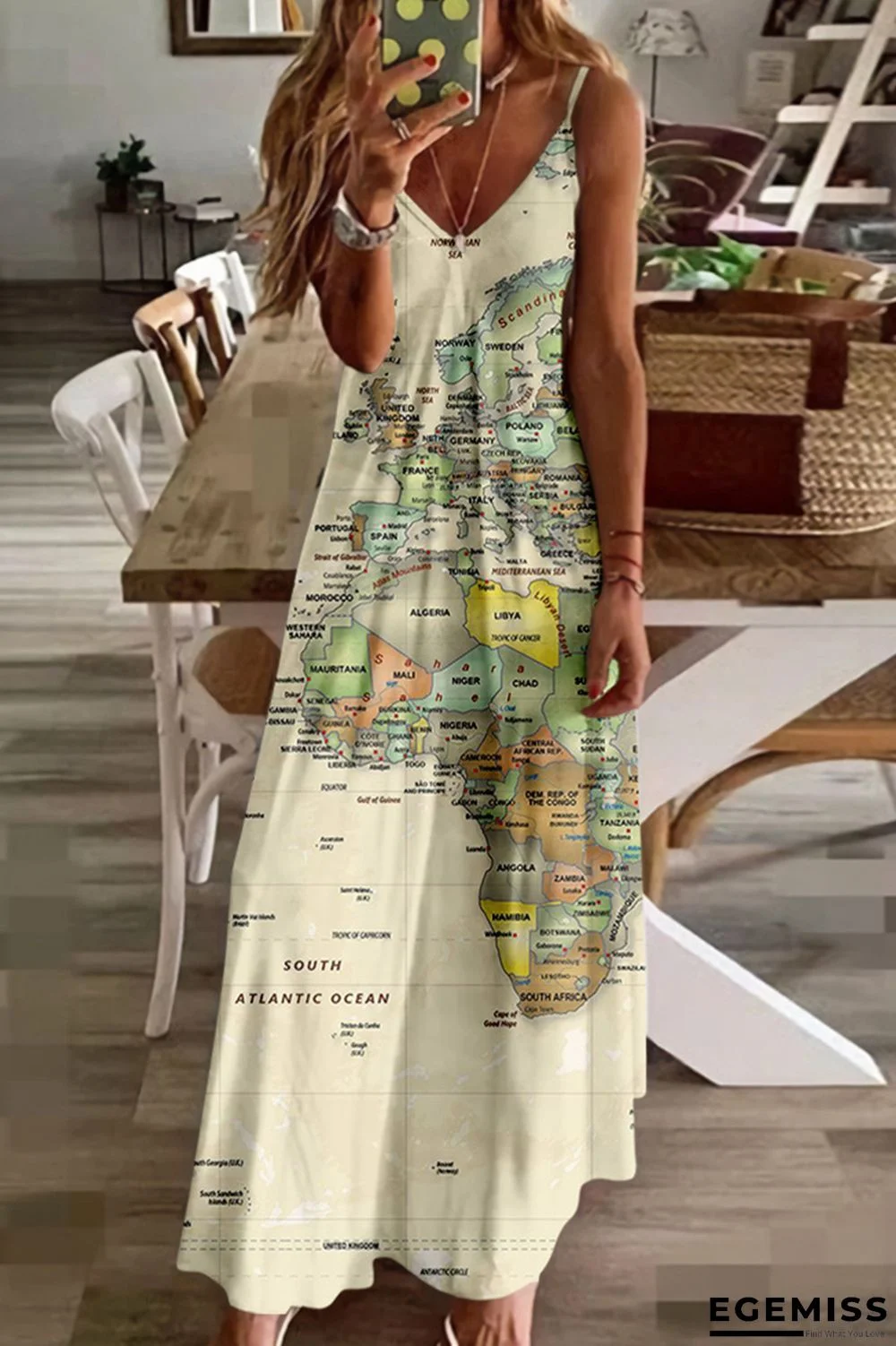Apricot Fashion Sexy Print Backless V Neck Sling Dress | EGEMISS