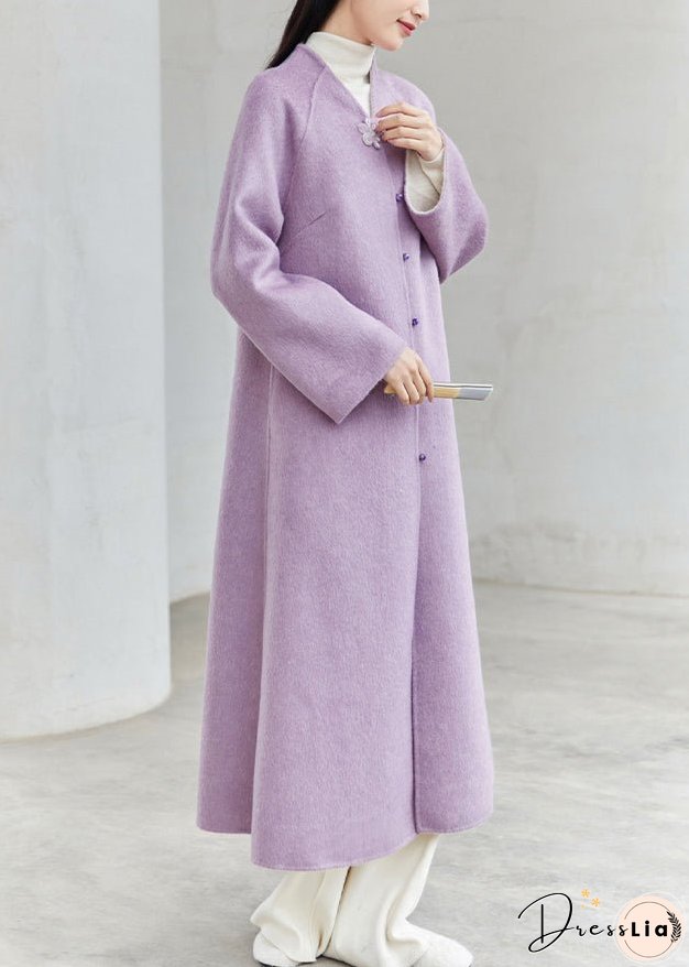 New Chinese Style Purple V Neck Button Patchwork Loose Woolen Coats Winter
