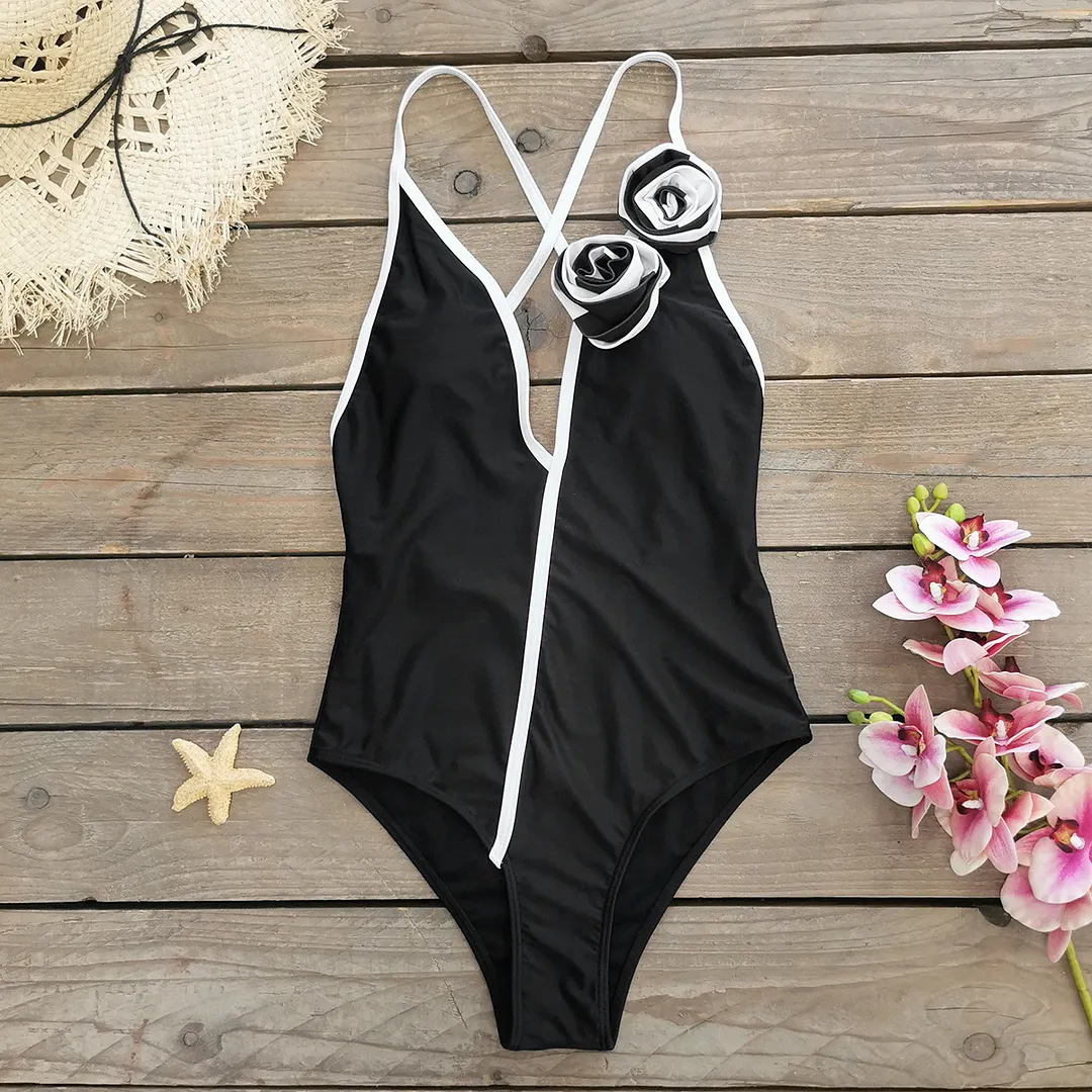 Uveng Suspension 3D Flowers Solid Color One-Piece Swimsuit Women 2025 New One-Piece Swimsuit