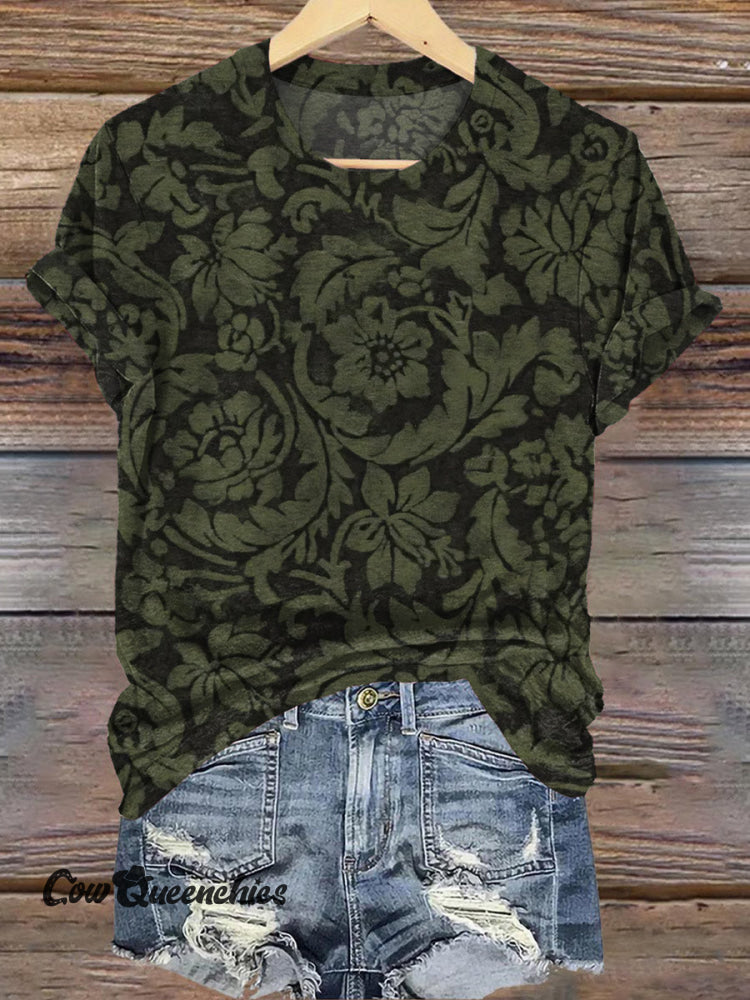Floral Dark Pattern Print Casual T-Shirt Black / S