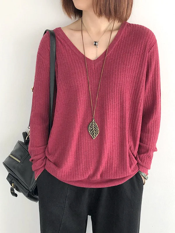Minimalist Casual 5 Colors V-Neck Long Sleeves Knitting Sweater