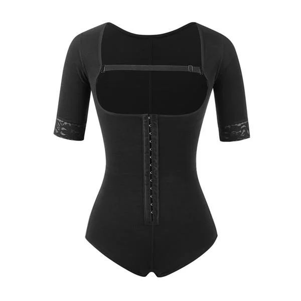 Fashion Black Straps Full Body Shapewear Hooks Half Sleeve Bodysuit