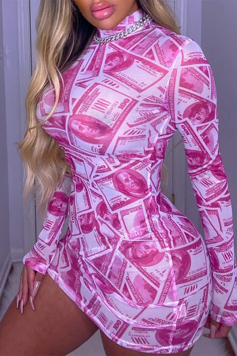 Pink Celebrities Print O Neck Wrapped Skirt Dresses | EGEMISS
