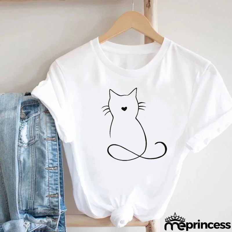 Women Loose Simple Cartoon Cat Footprint Print Round Neck Short Sleeve T-Shirt