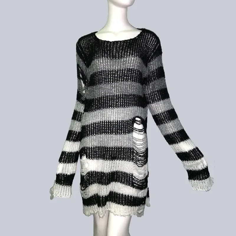 Plus Size Punk Gothic Long Unisex Sweater Dress Women Man Striped Cool Hollow Out Hole Broken Jumper Loose Rock Thin Sweter 2021