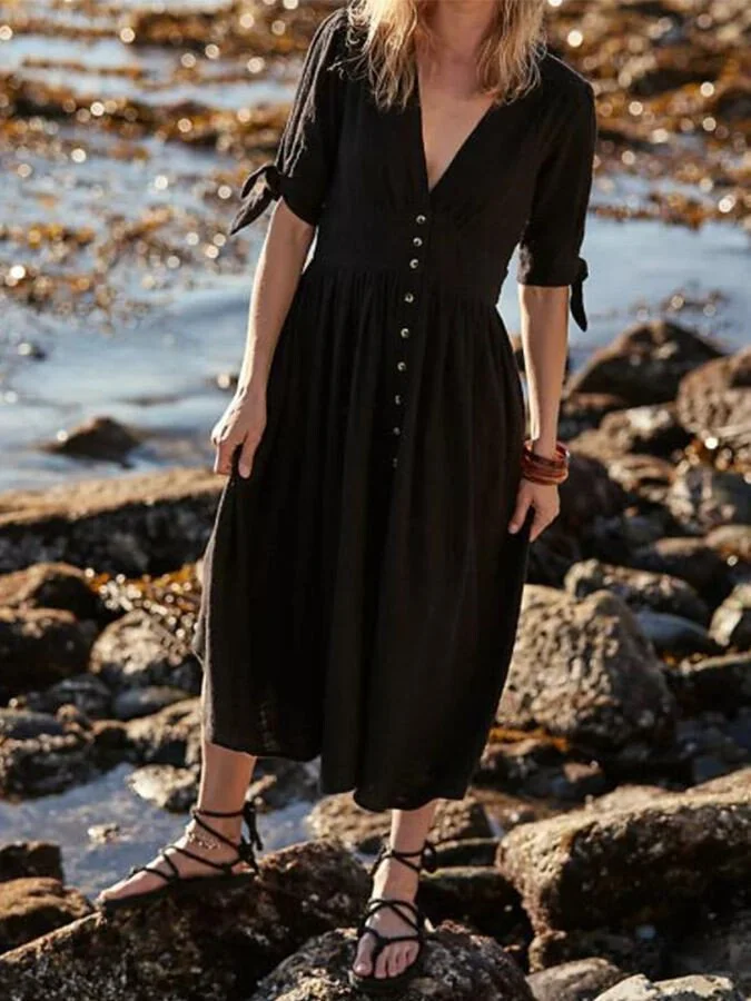 Women's Solid Cotton Linen V-Neck Tie Half-Sleeve Casual Dress