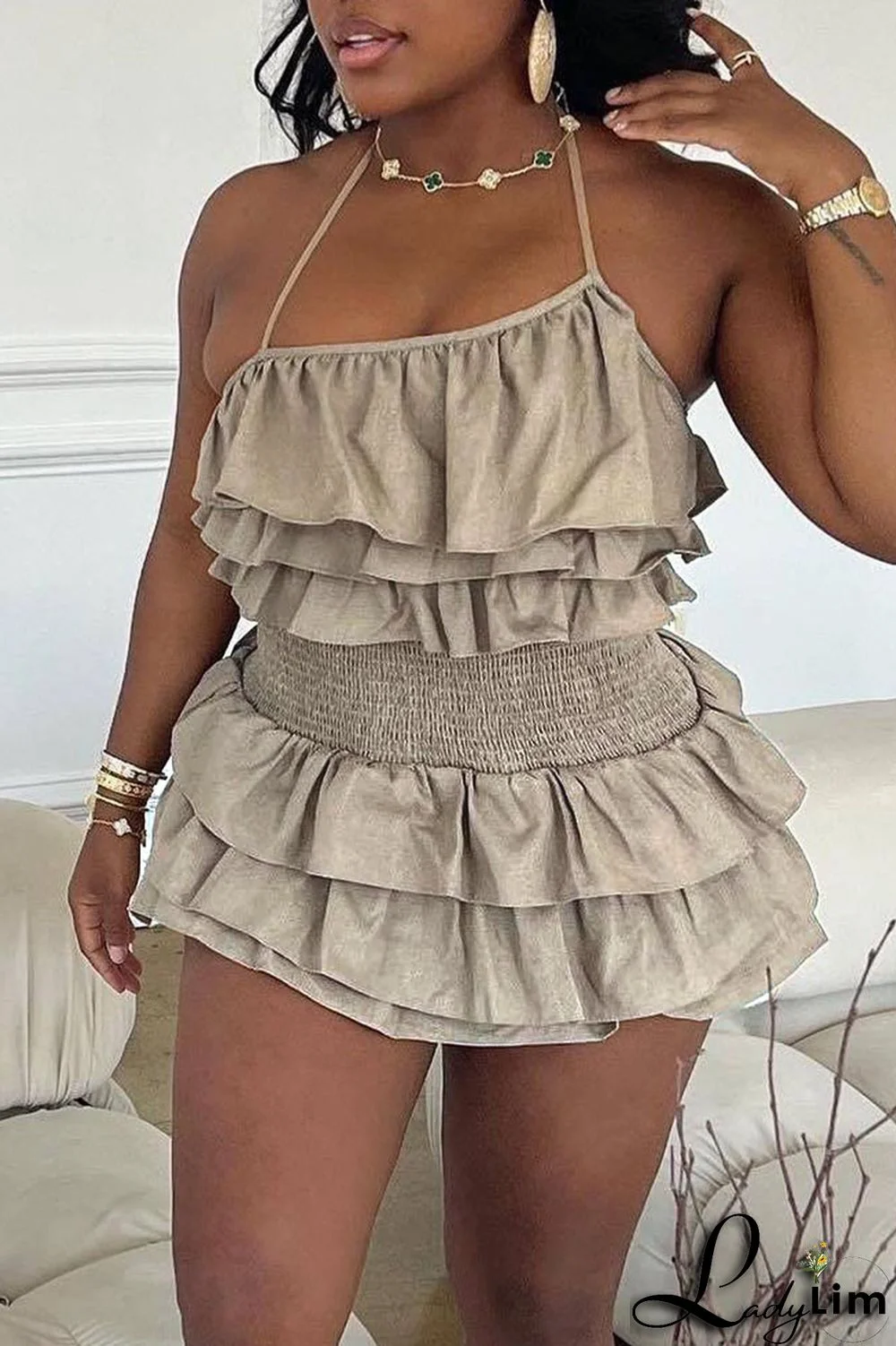 Khaki Sexy Solid Patchwork Flounce Halter A Line Dresses