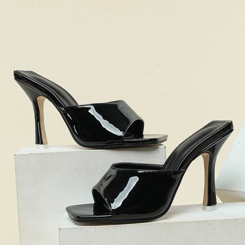 2022 New Summer Slippers Pink Patent Leather Square Toe Thin High Heels Fashion Shallow Mules Sliders Shoes Women Sandals Pumps