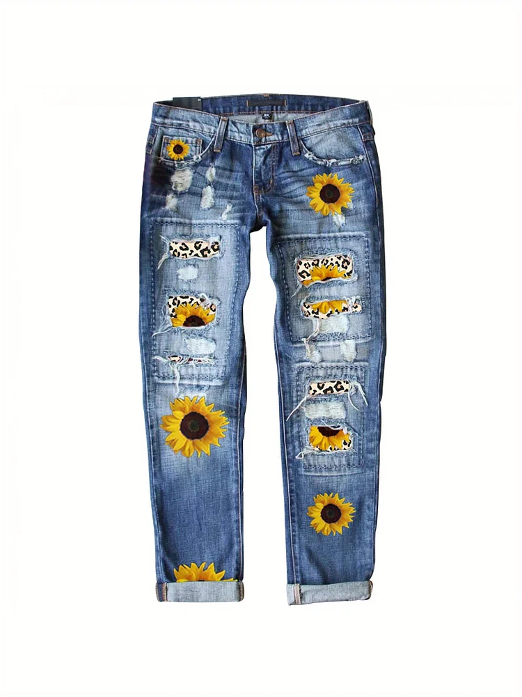 Women's Straight-Leg Denim Pants - Sunflower Print Mid-Rise Ankle-Length Lightweight Casual Trousers For Spring & Summer 2025, Hand Wash Only, Comfortable Daily Wear, Nontransparent Fabric