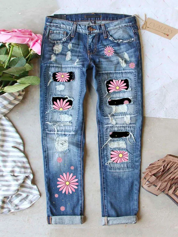 Pink gerbera pink floral crushed jeans