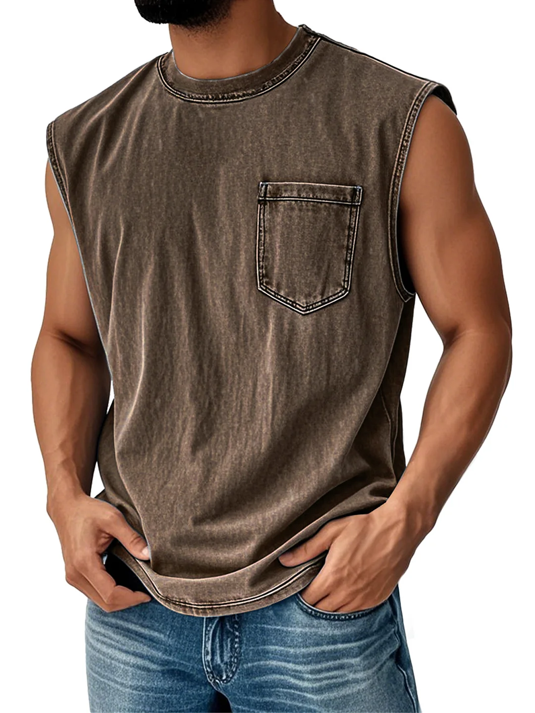 Men's Vintage Distressed Casual Round Neck Pocket Solid Color Sleeveless Vest