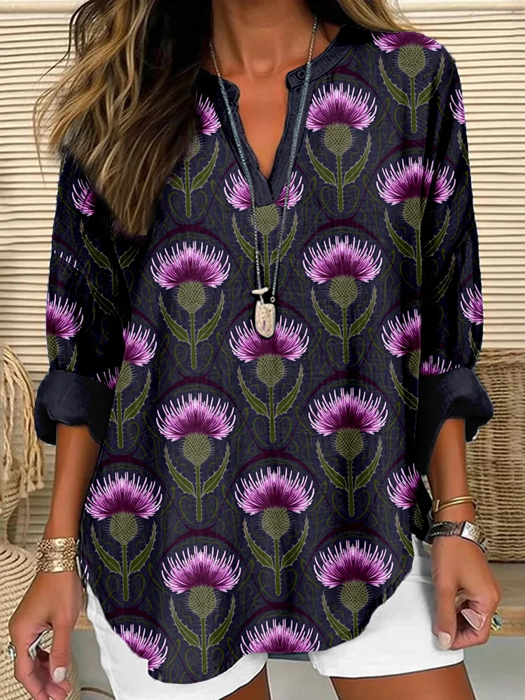 Vintage Scottish Thistle Pattern Linen Blend Cozy Shirt