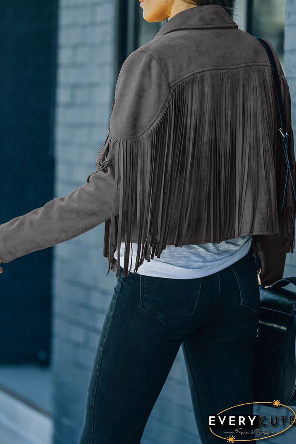 Gray Cropped Fringe Faux Suede Jacket