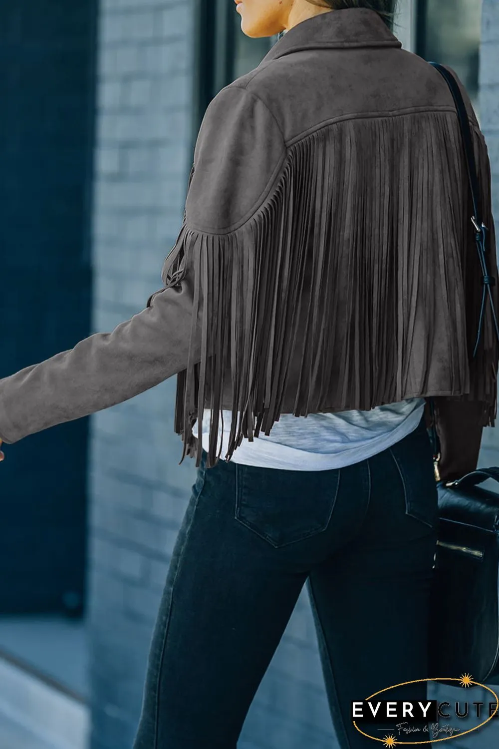 Gray Cropped Fringe Faux Suede Jacket