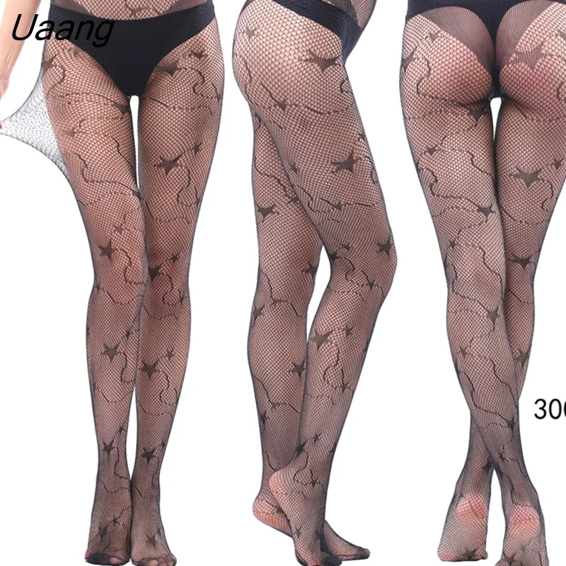 Uaang Fashion Cool Star Printed Fishnet Tights Hollow Out Sexy Mesh