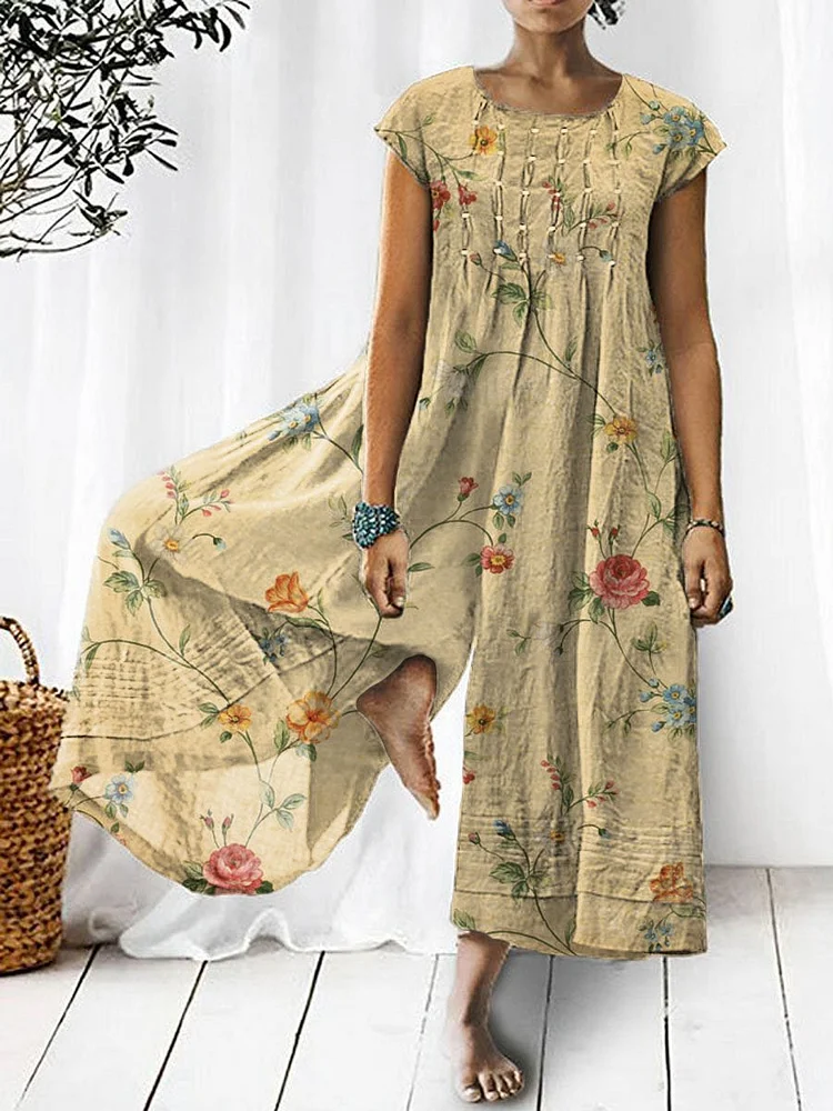 Women's Retro Elegant Floral Art Print Casual Cotton And Linen Jumpsuit