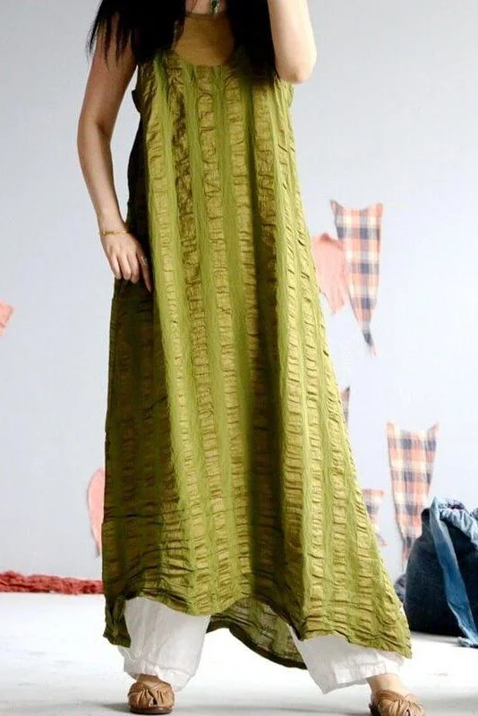 2021 O Neck Split Pleated Pinafore Maxi Casual Dress