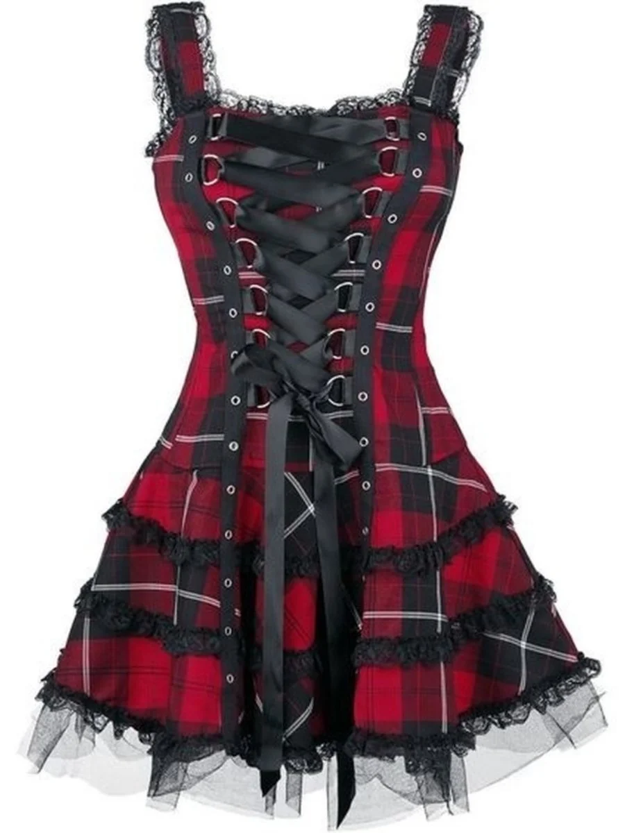 Plaid Dress Gothic Spaghetti Strap Lace Up Mini Halloween Costume