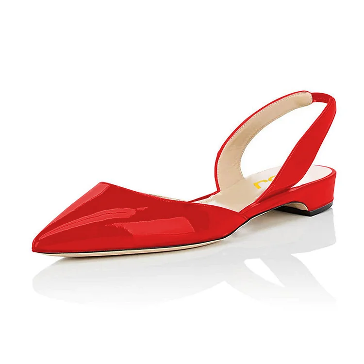 Red Metallic Slingback Shoes Pointy Toe Comfortable Flats |FSJ Shoes