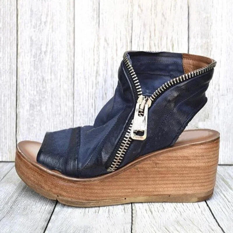 Women Sandals Shoes Summer Retro Peep Toe Platform Sandals PU Leather Zipper Thick Bottom women shoes Ladies Sandals