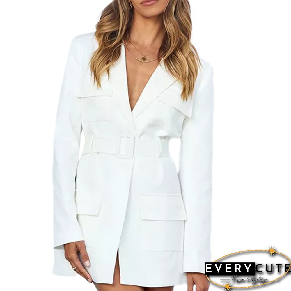 White Turn-down Collar Belted Long Sleeve Blazer