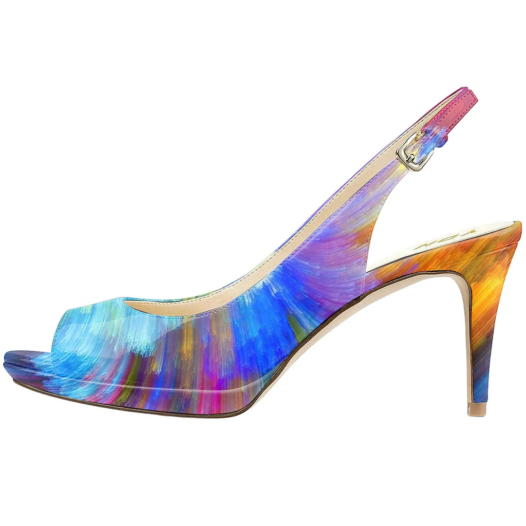 Blue Patent Leather Colorful Shaded Printed Elegant High Heel Sandals