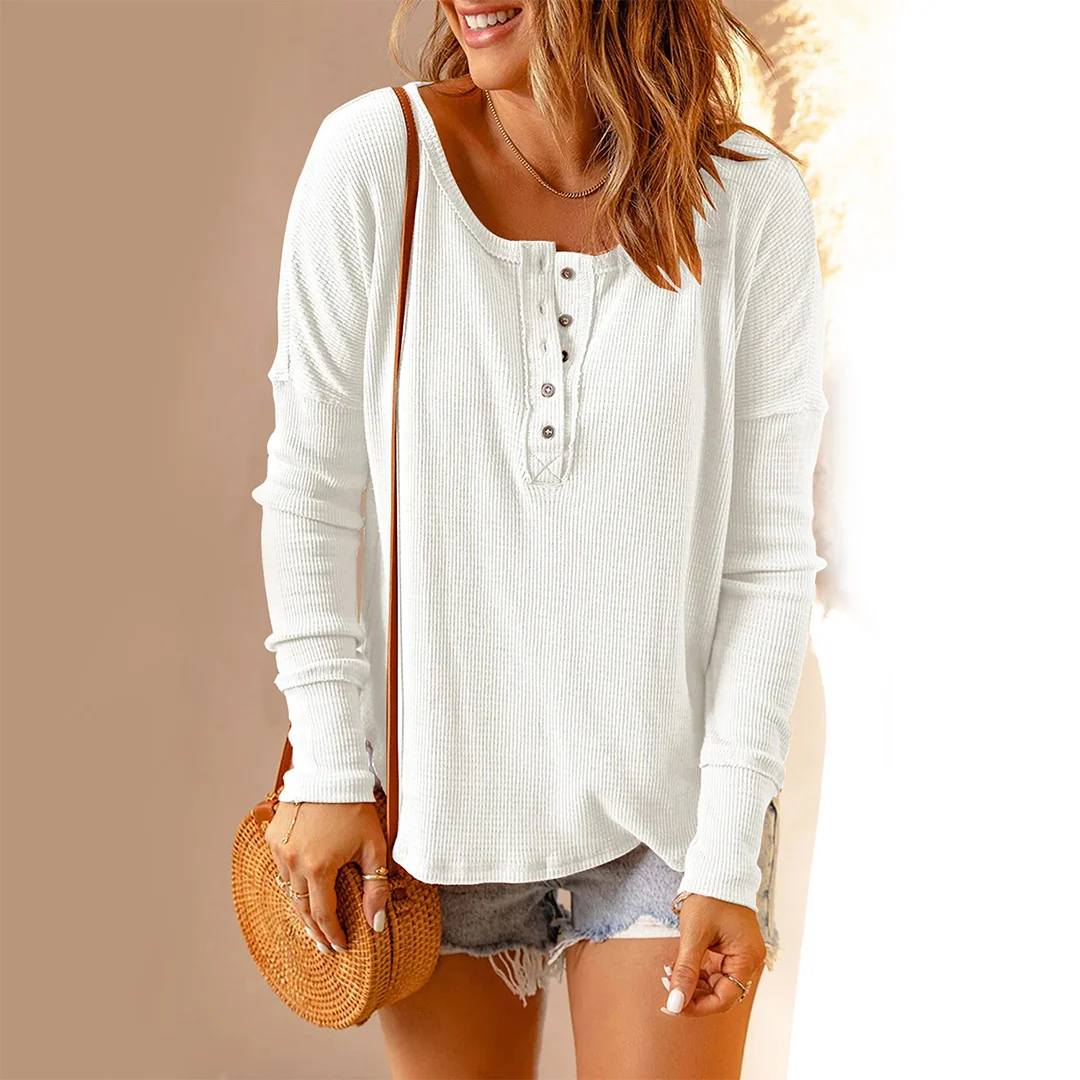 Half Button Waffle Knit Long Sleeve Top