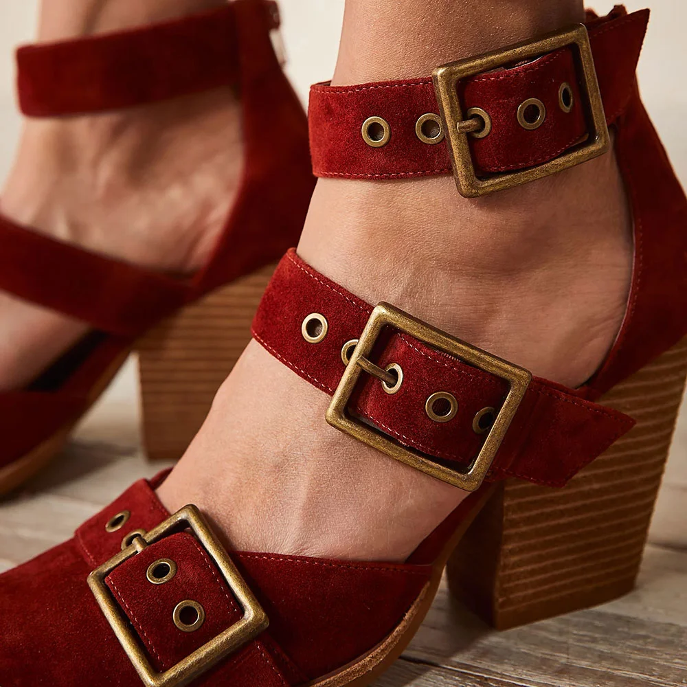 Faux Suede Pointed Toe Buckle Strap Studded Chunky Heels in Maroon