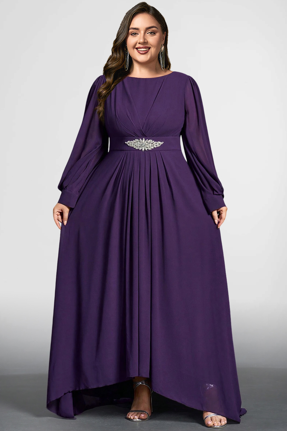 Flycurvy Plus Size Mother Of The Bride Grape Chiffon Long Sleeve Built-in Bra Maxi Dress