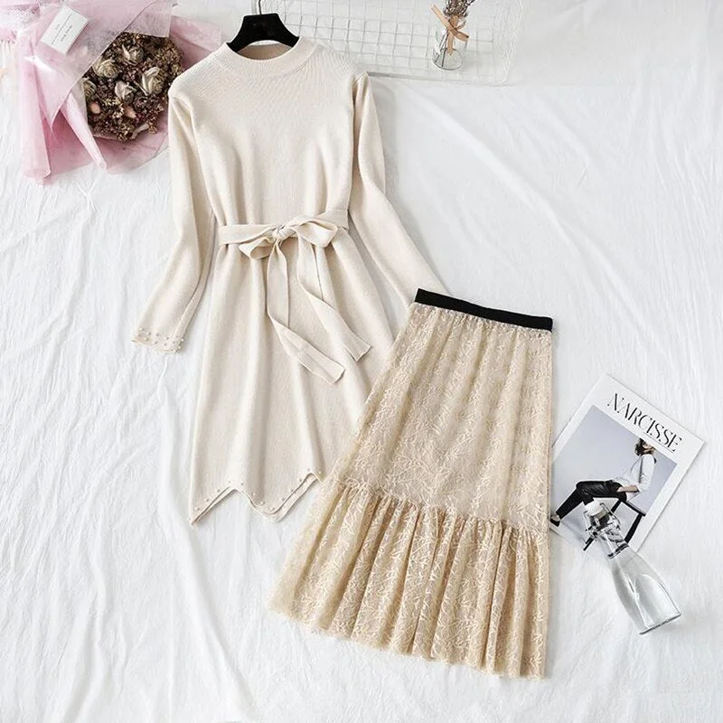2020 New Autumn winter Knitted dress Women Casual Long Sleeve Sweater Tops + Lace Gauze Skirt Two Piece Suit Bandage Dress