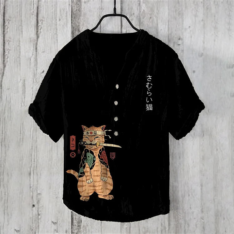 Japanese Cat Art  Linen V-Neck Shirt