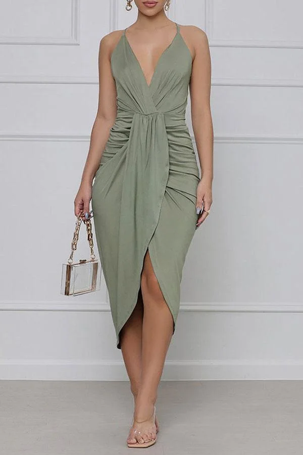 Solid Color Romantic Ruched Layered Midi Dress