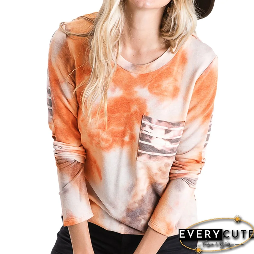 Orange Tie Dye Pocketed Long Sleeve Top