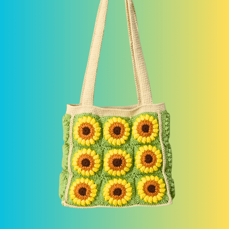 Lulusnow Handmade Green Classic Sunflower Crochet Granny Square Bag Crochet Shoulder Bag 